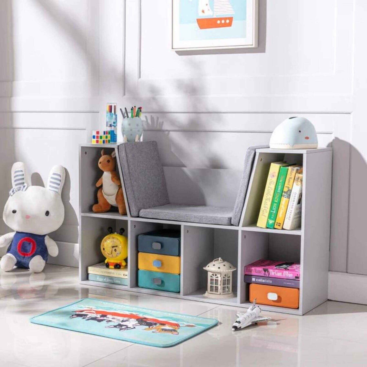 HOMCOM 6-Cubby Kids Bookcase with Reading Nook and Cushion Grey