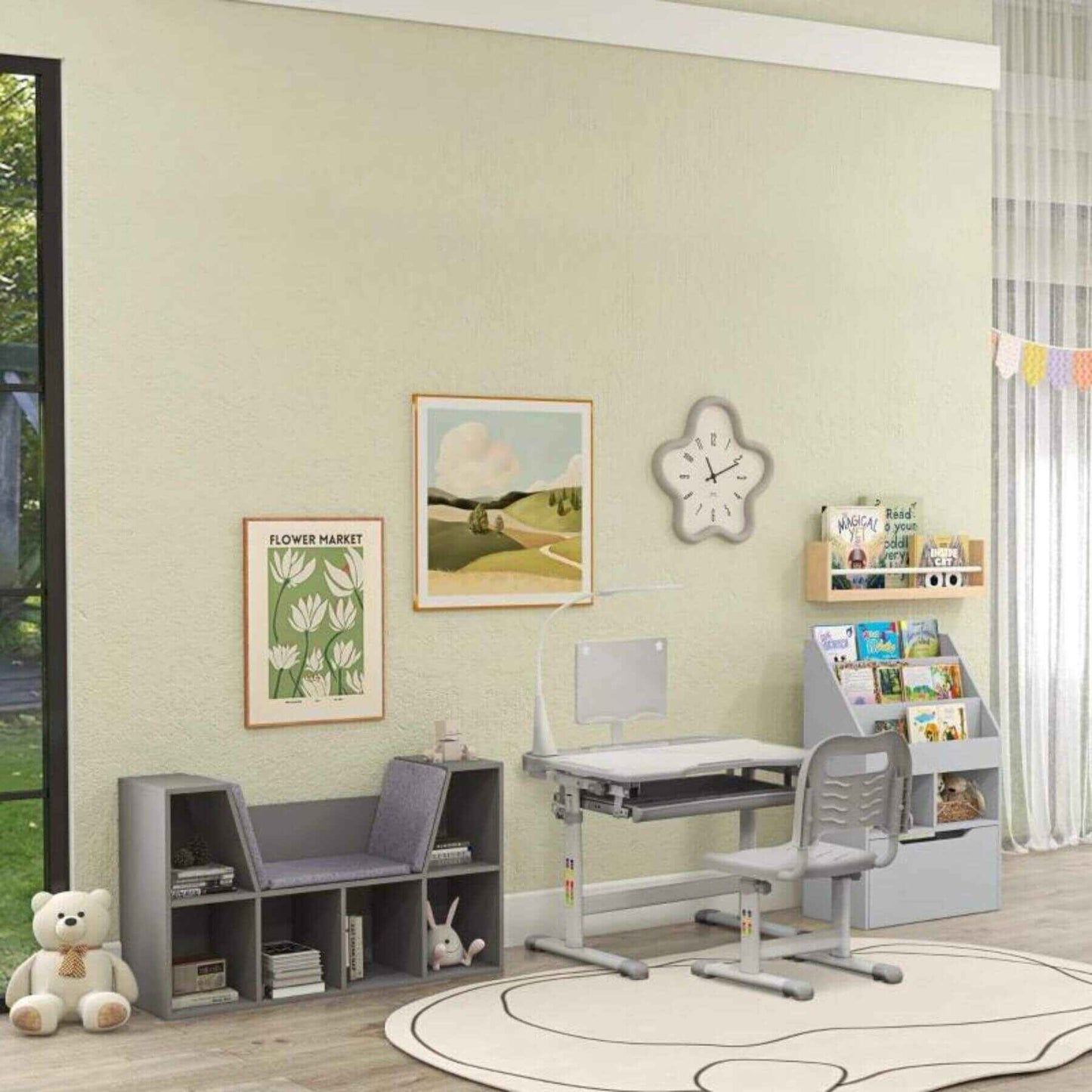 HOMCOM 6-Cubby Kids Bookcase with Reading Nook and Cushion Grey w/ Study Desk and Another Bookshelf