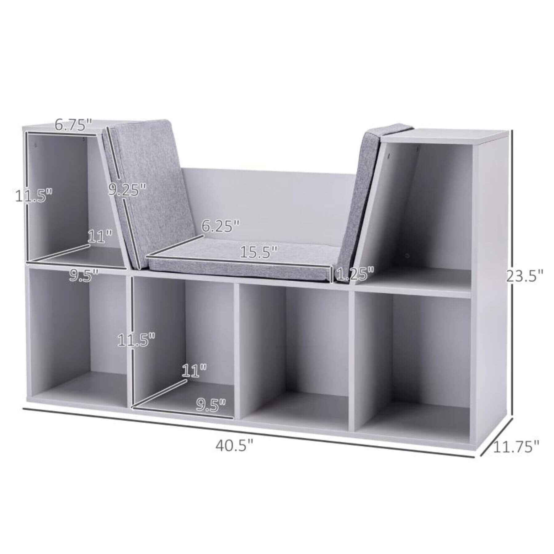 HOMCOM 6-Cubby Kids Bookcase with Reading Nook and Cushion Grey