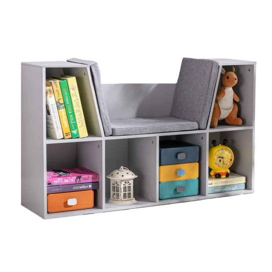 HOMCOM 6-Cubby Kids Bookcase with Reading Nook and Cushion Grey