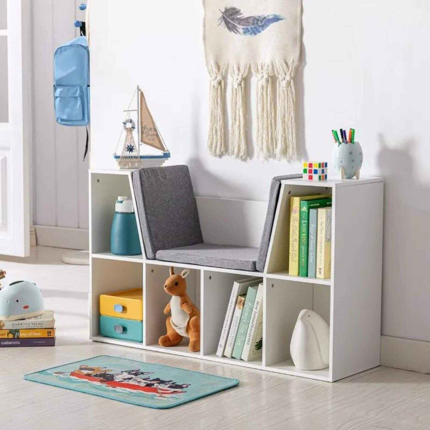 HOMCOM 6-Cubby Kids Bookcase with Reading Nook and Cushion White