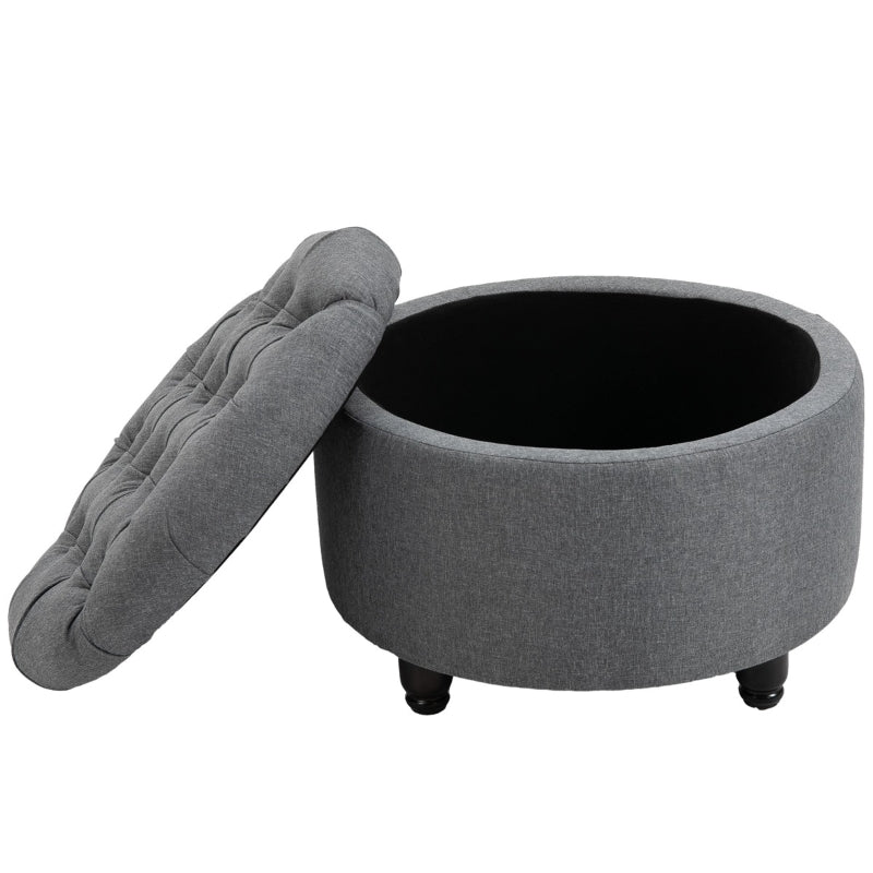 HOMCOM Round Grey Storage Stool | Button Tufted | Nursery & Multi-Use