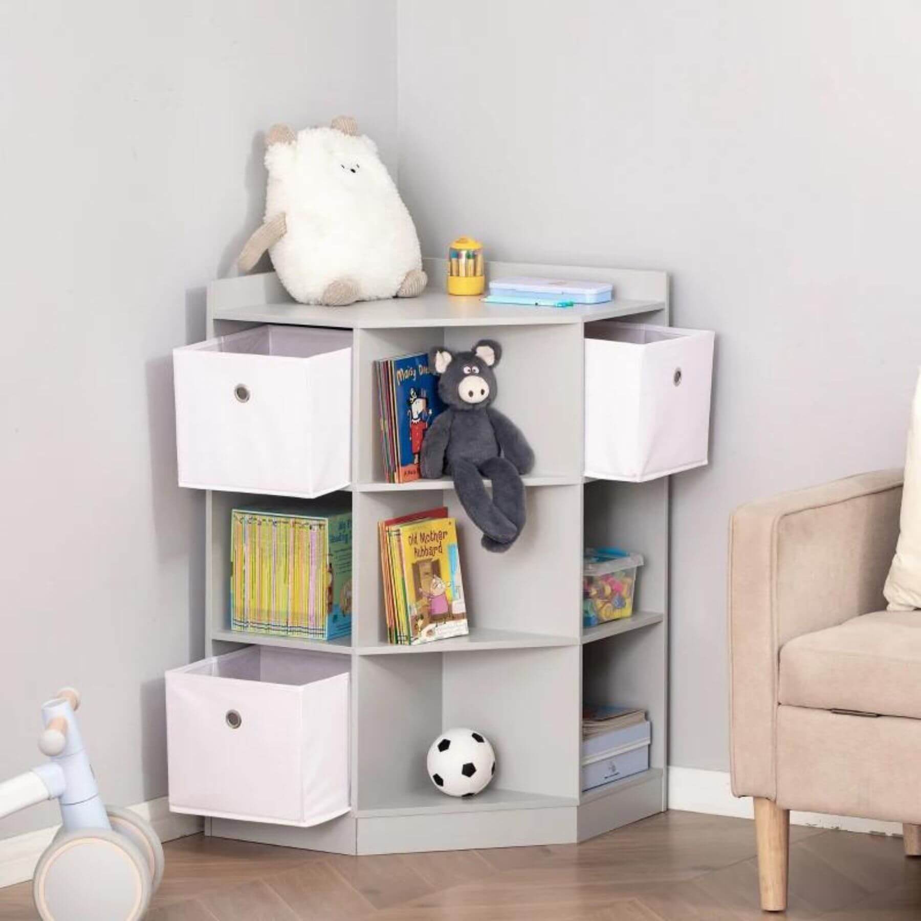 HOMCOM 9-Cube Kids Corner Storage Toy Cabinet Organizer Grey