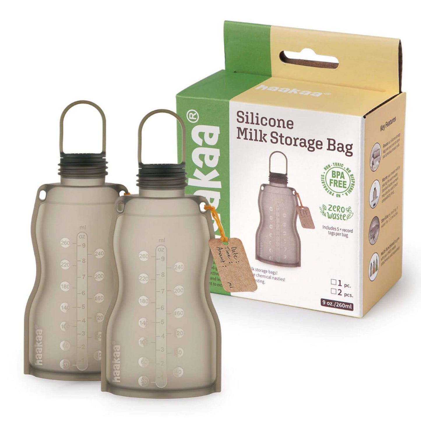 Two silicone milk storage bags with a packaging box on a white background