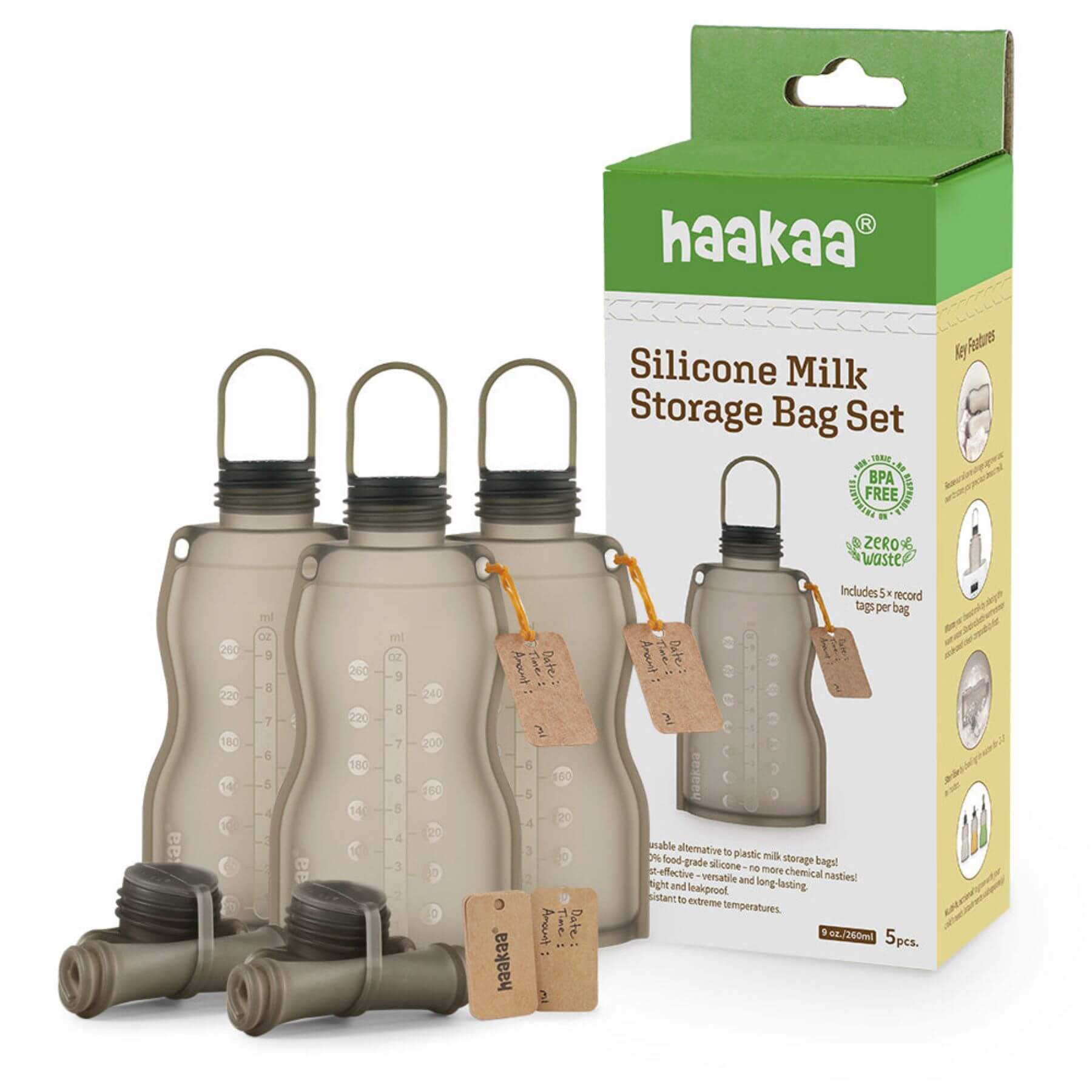 Haakaa silicone milk storage bag set with packaging on a white background