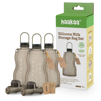 Haakaa silicone milk storage bag set with packaging on a white background