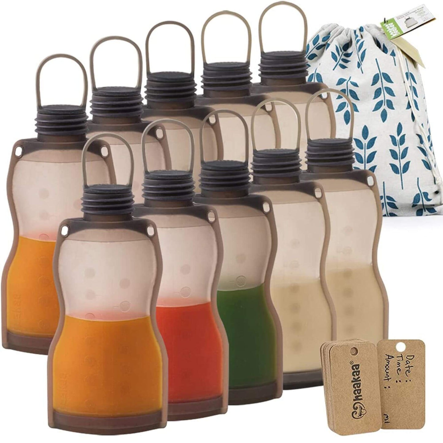 Set of Haakaa Silicone Milk Storage Bag 9oz with colored liquids and a drawstring bag on a white background