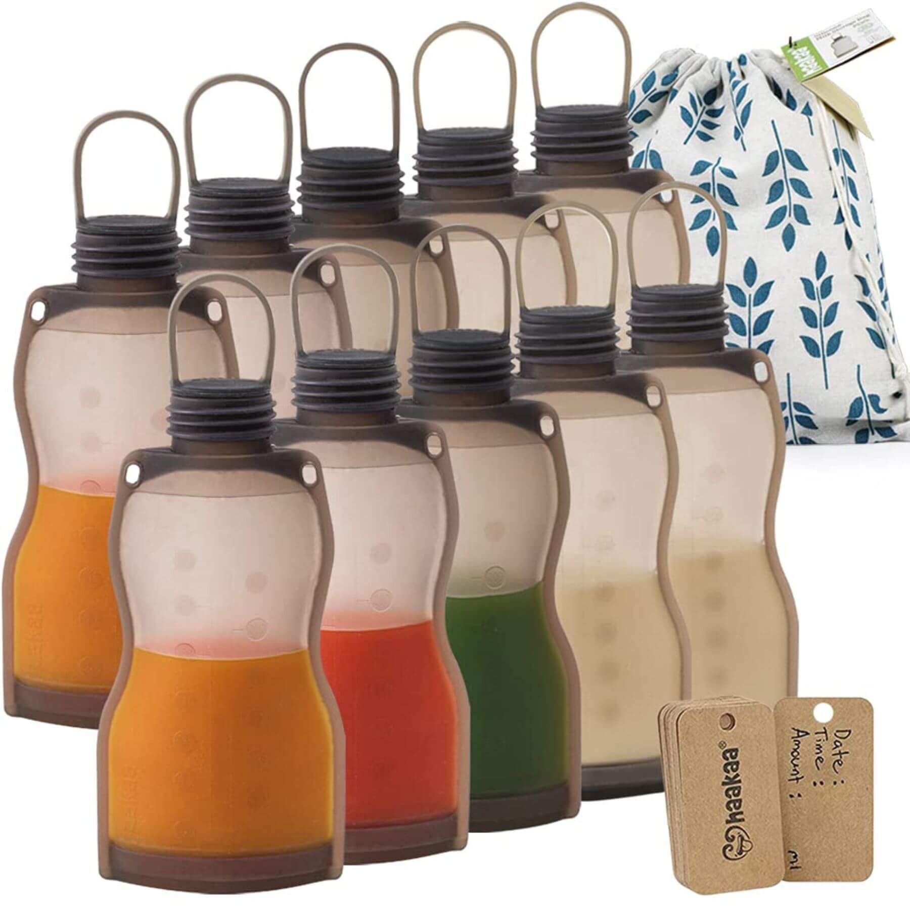 Set of Haakaa Silicone Milk Storage Bag 9oz with colored liquids and a drawstring bag on a white background