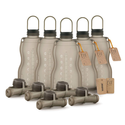 Set of six gray Haakaa Silicone Milk Storage Bag 9oz with multiple nozzles on a white background