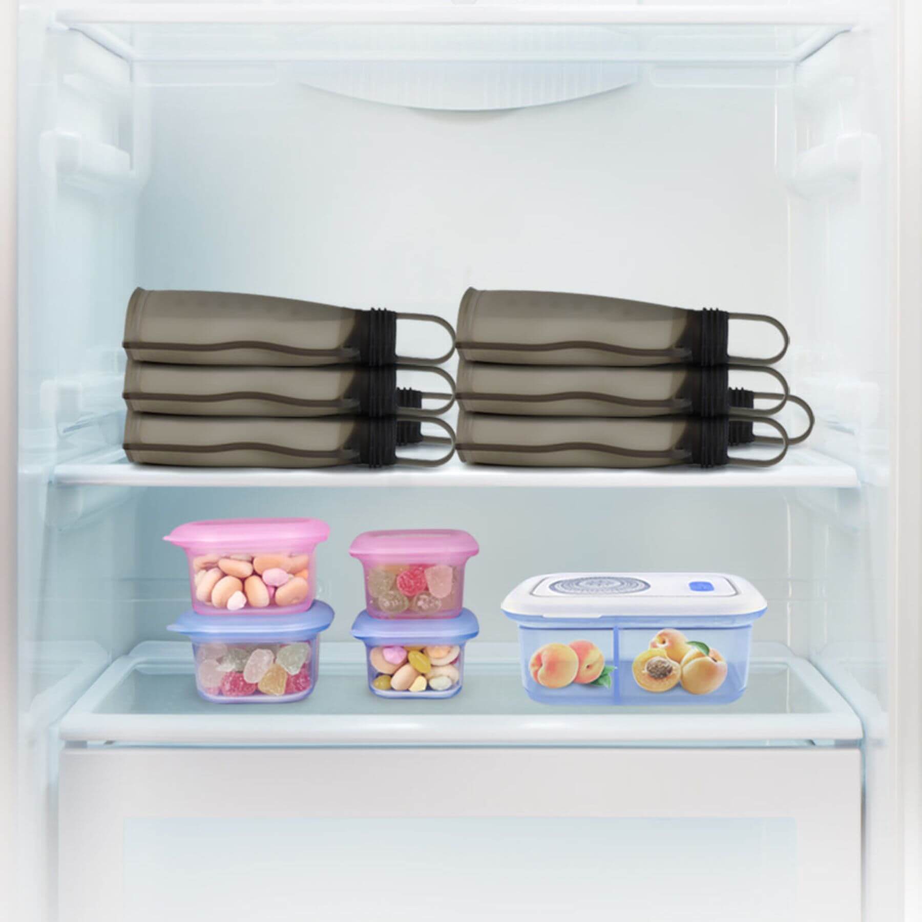 Stacked Haakaa Silicone Milk Storage Bag 9oz and food containers inside an open refrigerator.