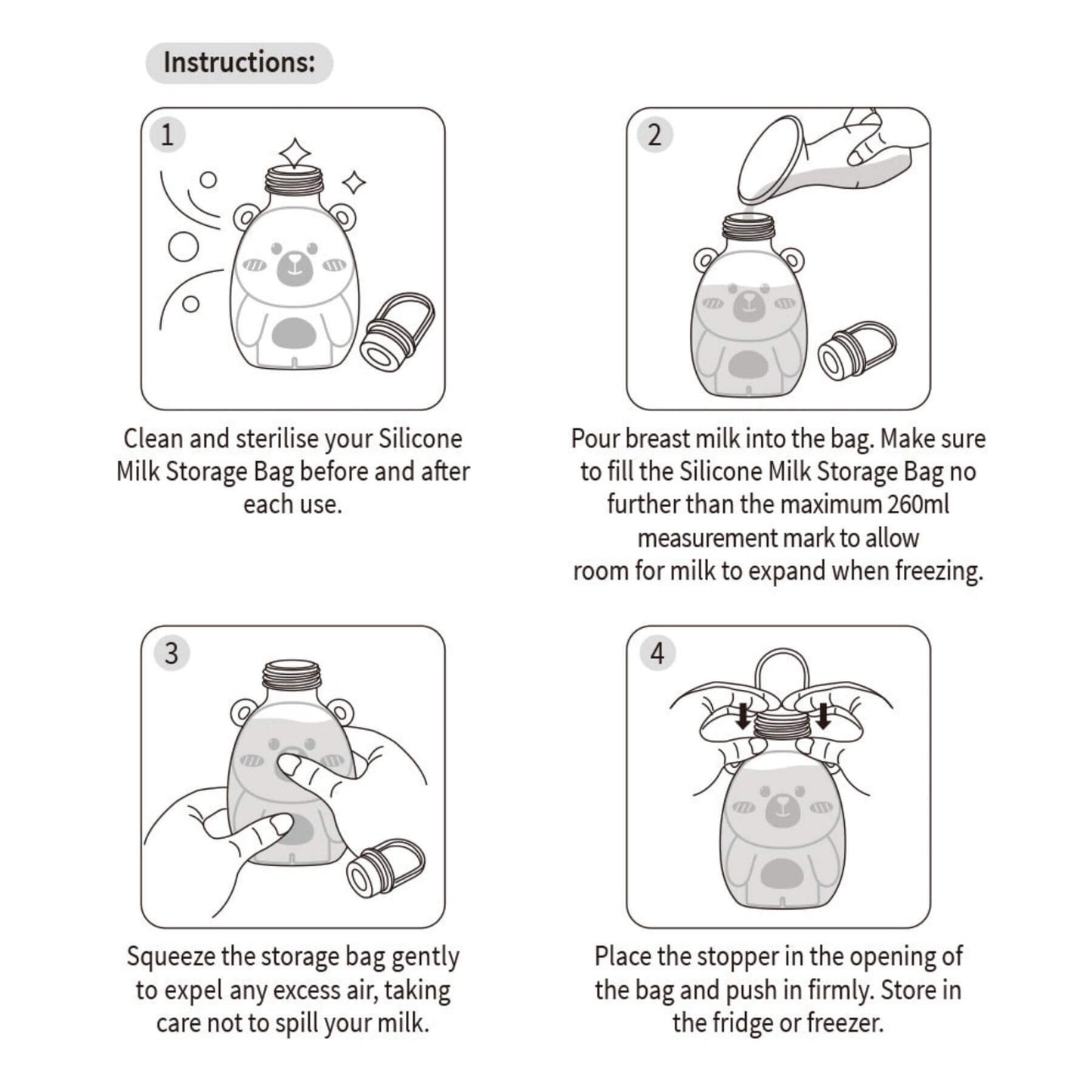 Instructions for using a silicone milk storage bag with illustrations and text.