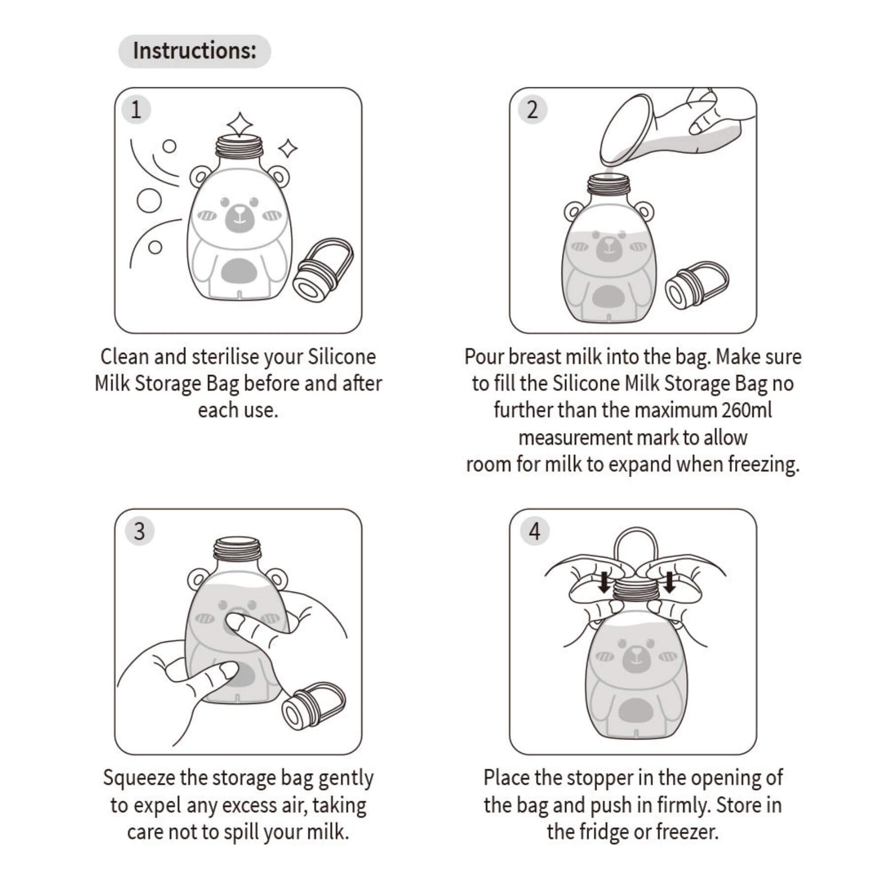 Instructions for using a silicone milk storage bag with illustrations and text.