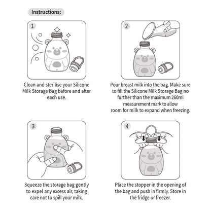Instructions for using a silicone milk storage bag with illustrations and text.