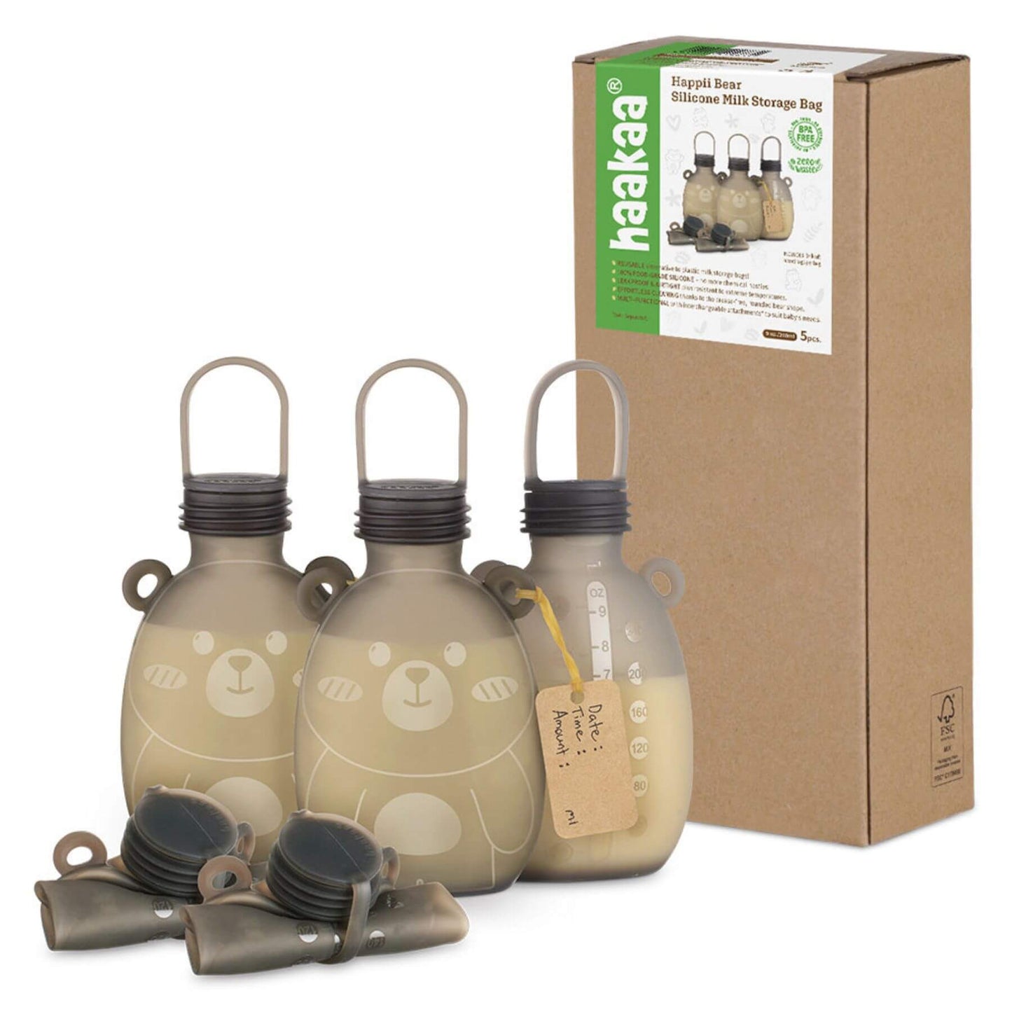 Three beige bottles with bear designs and a cardboard box labeled 'haakaa' on a white background.