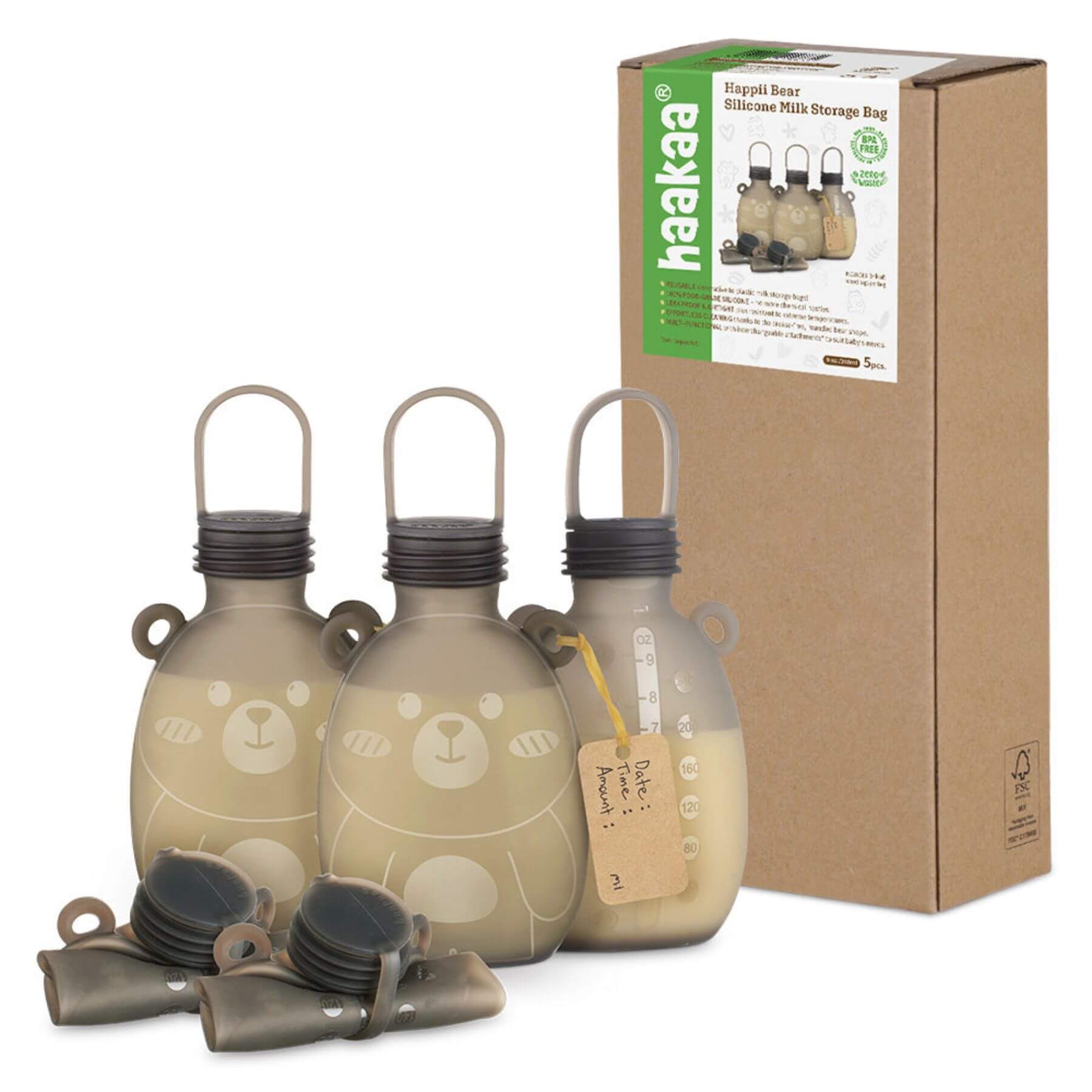 Three beige bottles with bear designs and a cardboard box labeled 'haakaa' on a white background.