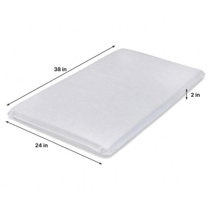 AFG Laminated 2" Waterproof Mini Crib Mattress with dimension arrows and labels indicating 38 inches by 24 inches by 2 inches height.