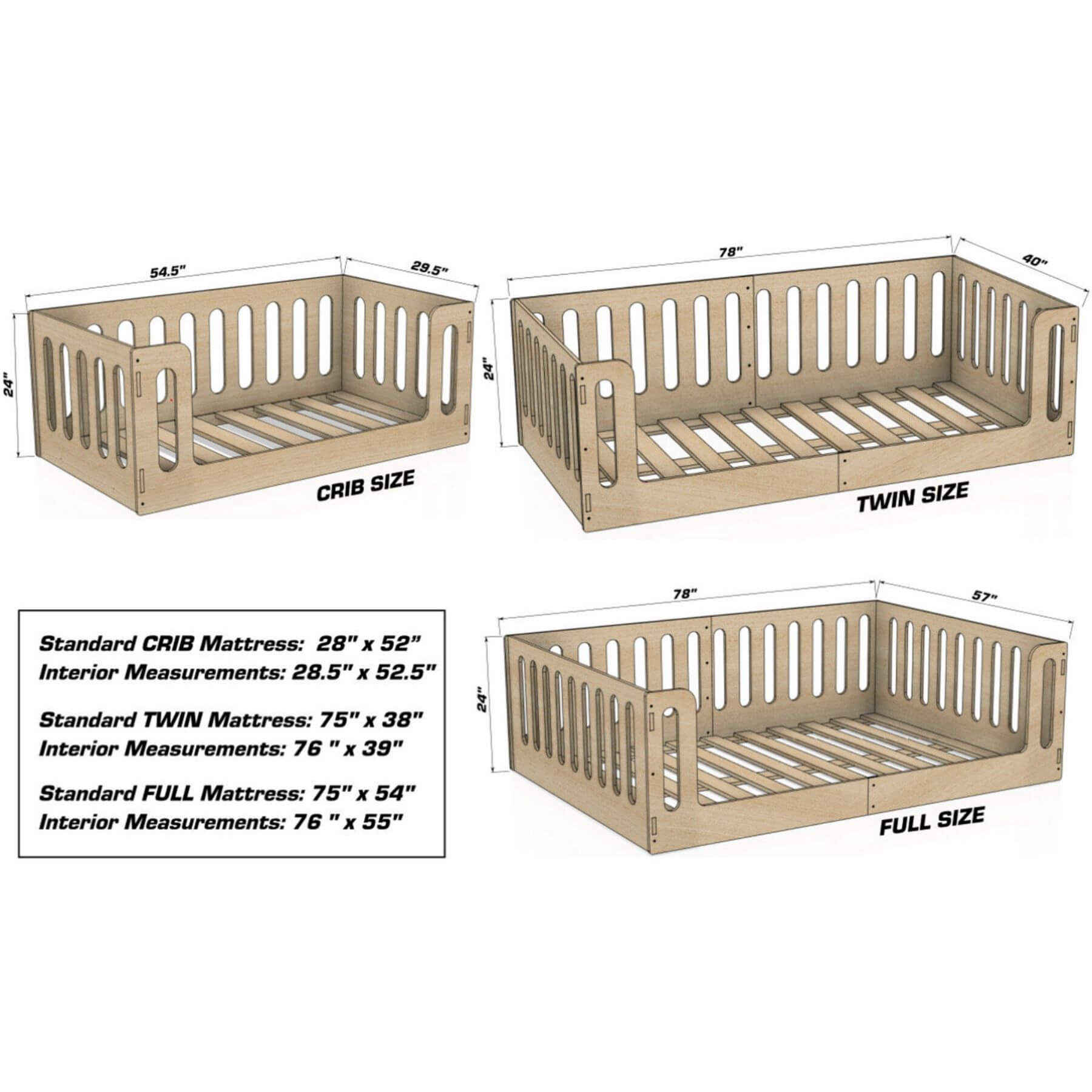 Bush Acres AVI- Floor Bed with measurements on a white background