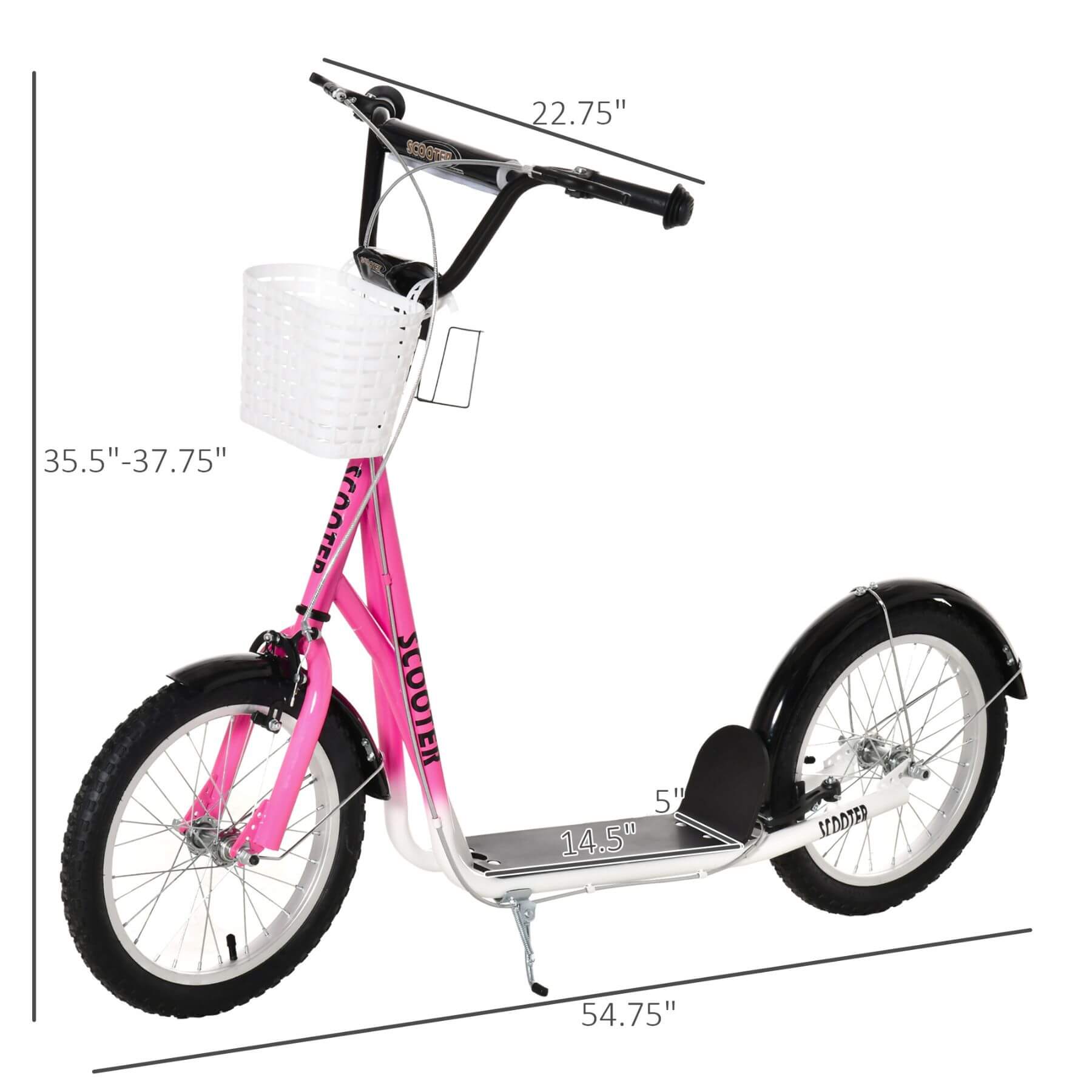 Aosom Youth Scooter - Pink with measurements on a white background