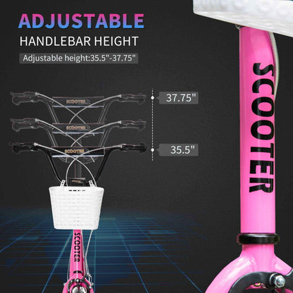 Pink scooter with adjustable handlebar height measurement on a black background