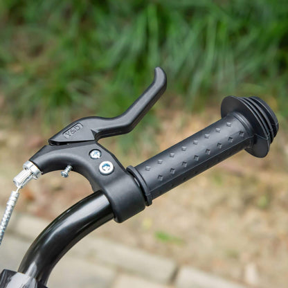Close-up of a black bicycle handlebar with grip and brake lever against a blurred natural background.
