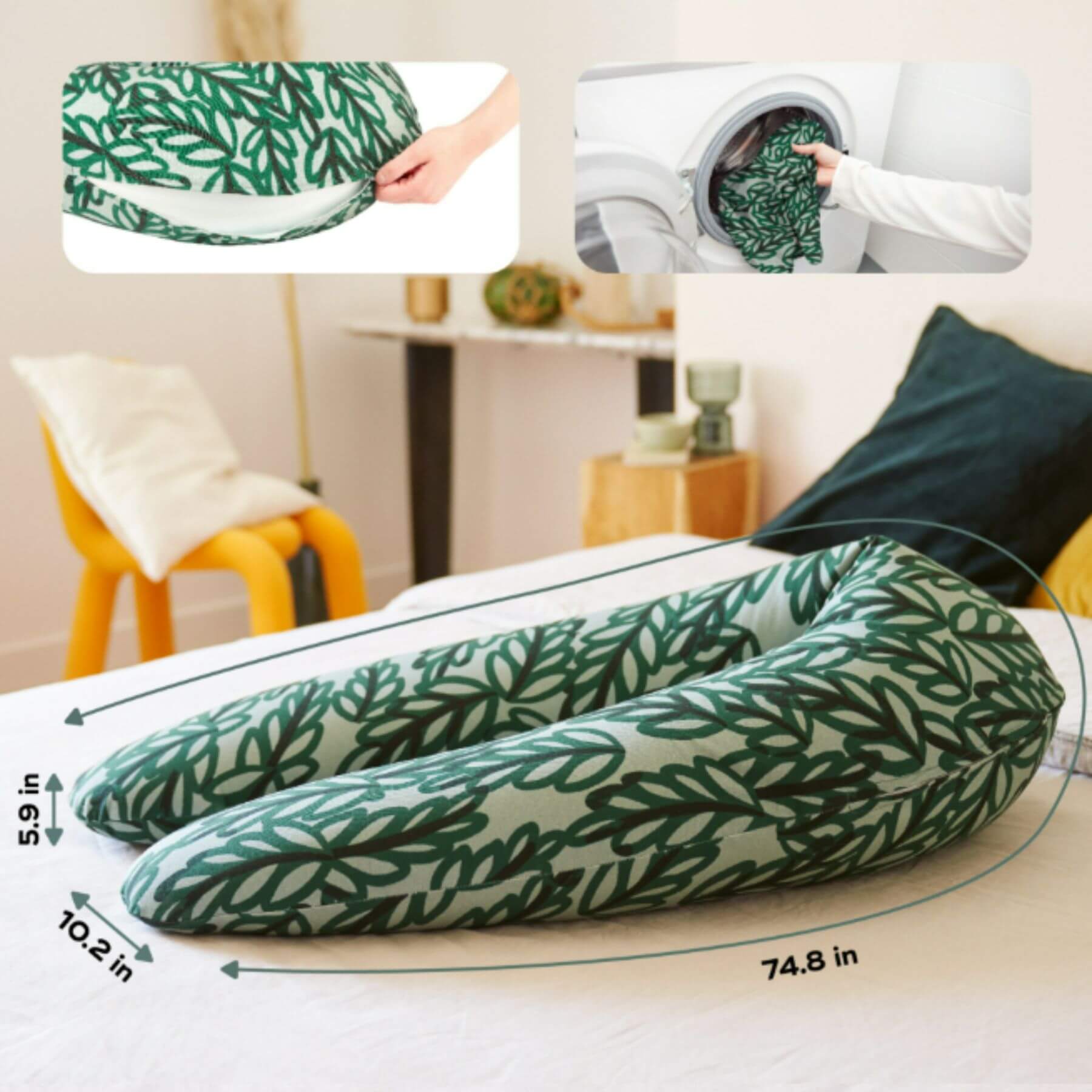 B.Love U-Shape Pregnancy Pillow - Vegetal on a bed with measurements displayed.