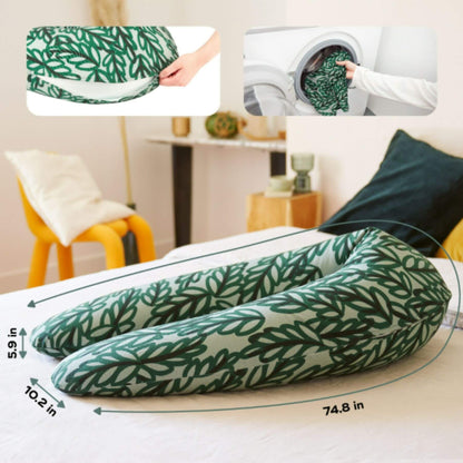 B.Love U-Shape Pregnancy Pillow - Vegetal on a bed with measurements displayed.