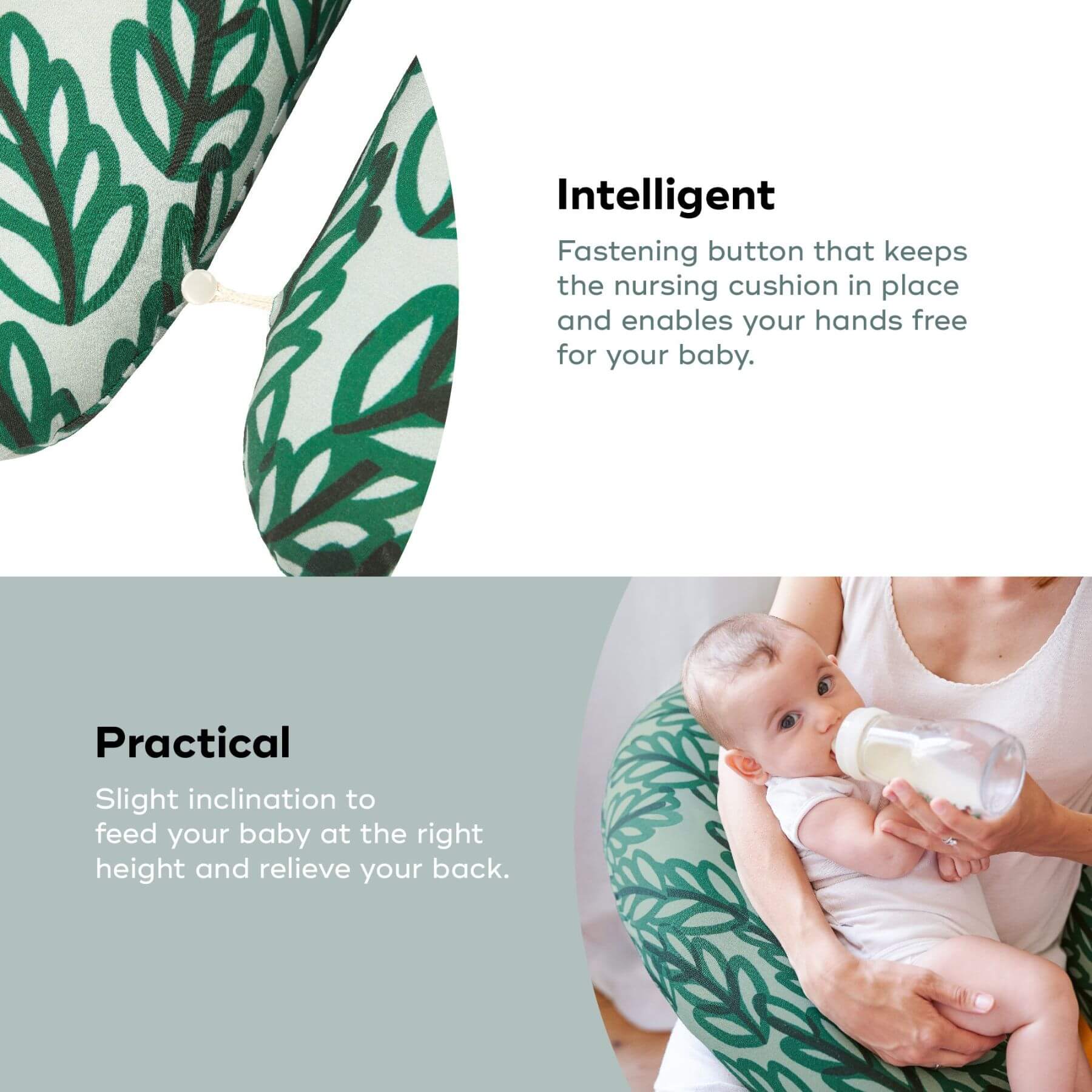 Nursing cushion with green leaf pattern and text describing its features, used by a woman holding a baby.