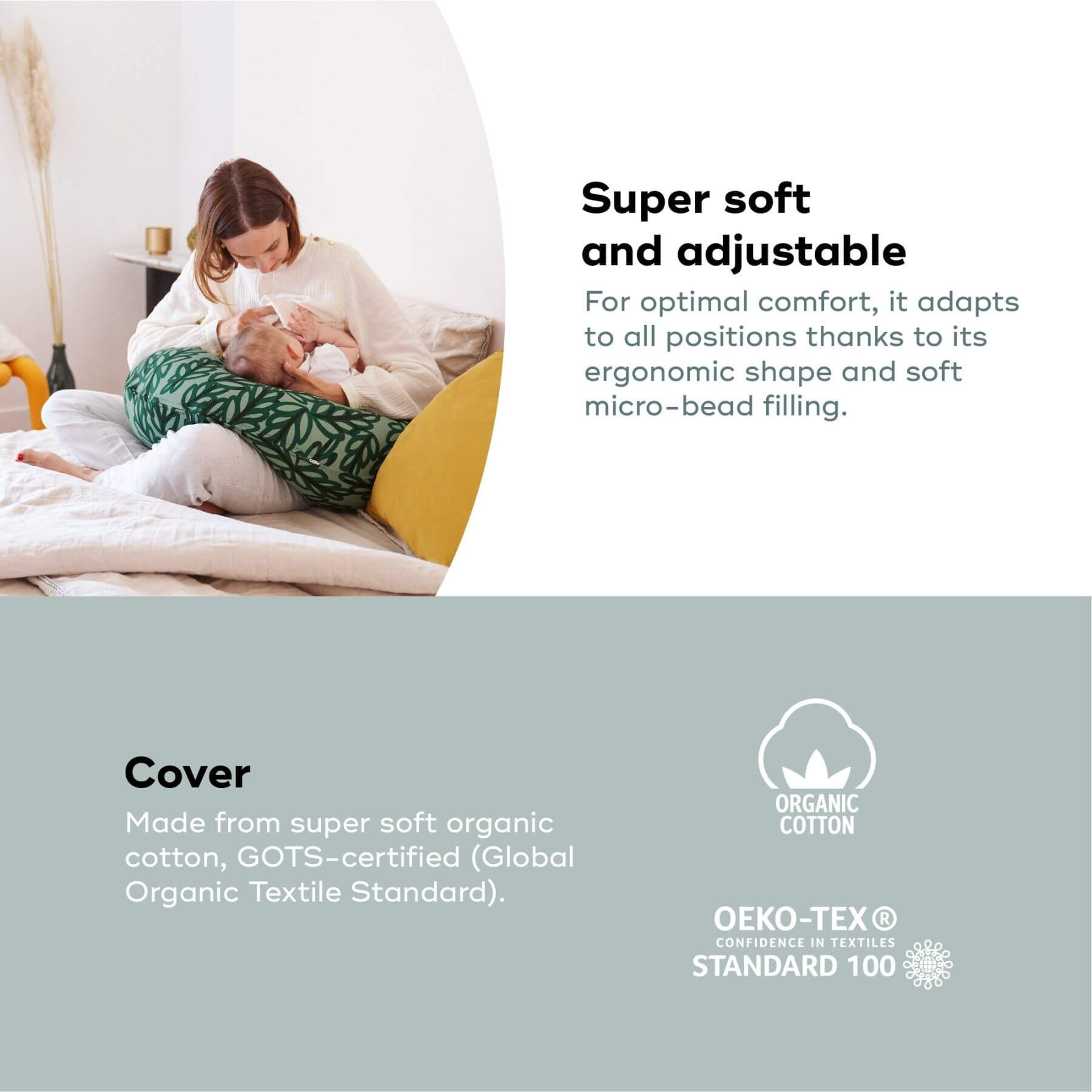 Woman using B.Love U-Shape Pregnancy Pillow - Vegetal with text about its softness, adjustability, and organic cotton certification.