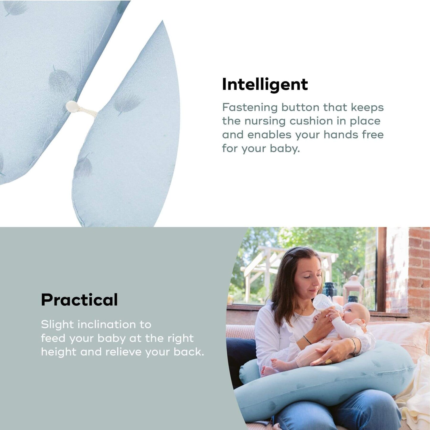 B.Love U-Shape Pregnancy Pillow - Blue with text highlighting its features and a woman using it.