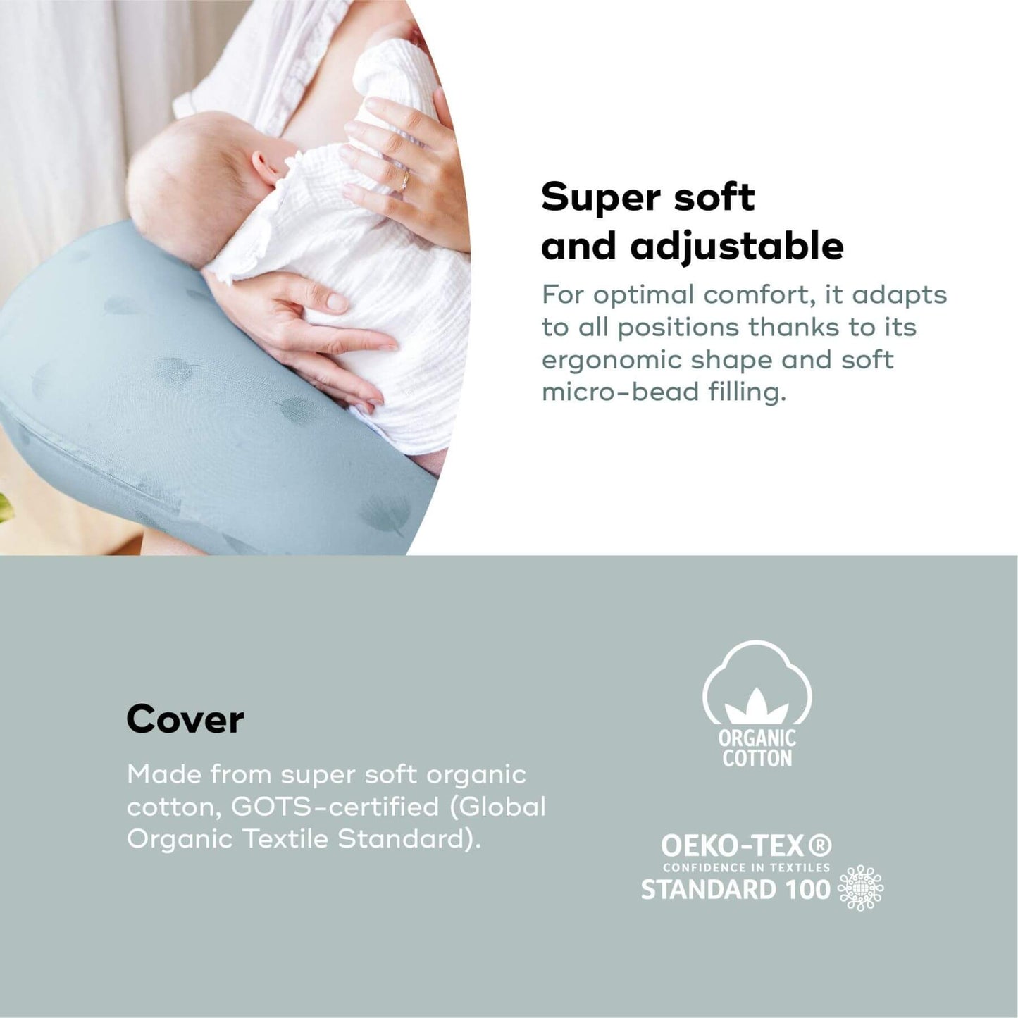 Baby being held by a person using B.Love U-Shape Pregnancy Pillow - Blue with text about its features and materials.