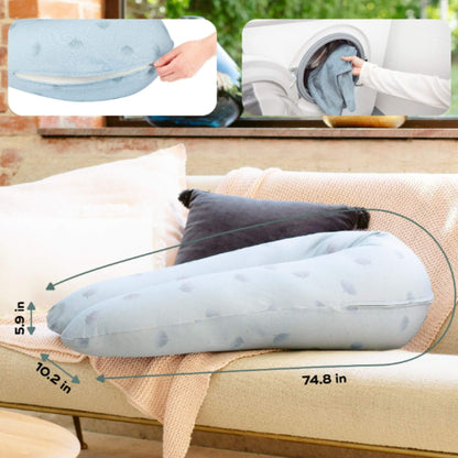 B.Love U-Shape Pregnancy Pillow - Blue on a couch with measurements and washing instructions shown.