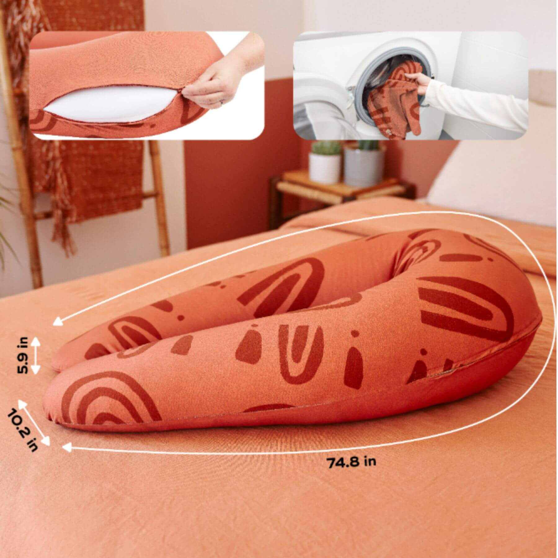 B.Love U-Shape Pregnancy Pillow - Terracotta with measurements on a couch, showing washing machine and fabric texture close-up.