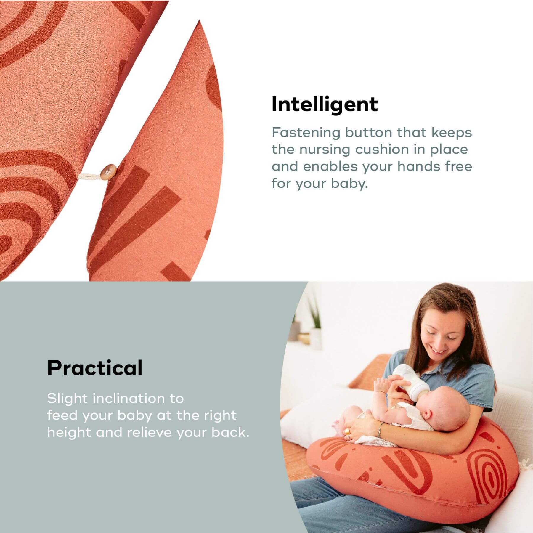 B.Love U-Shape Pregnancy Pillow - Terracotta with text highlighting its features and a woman using it.