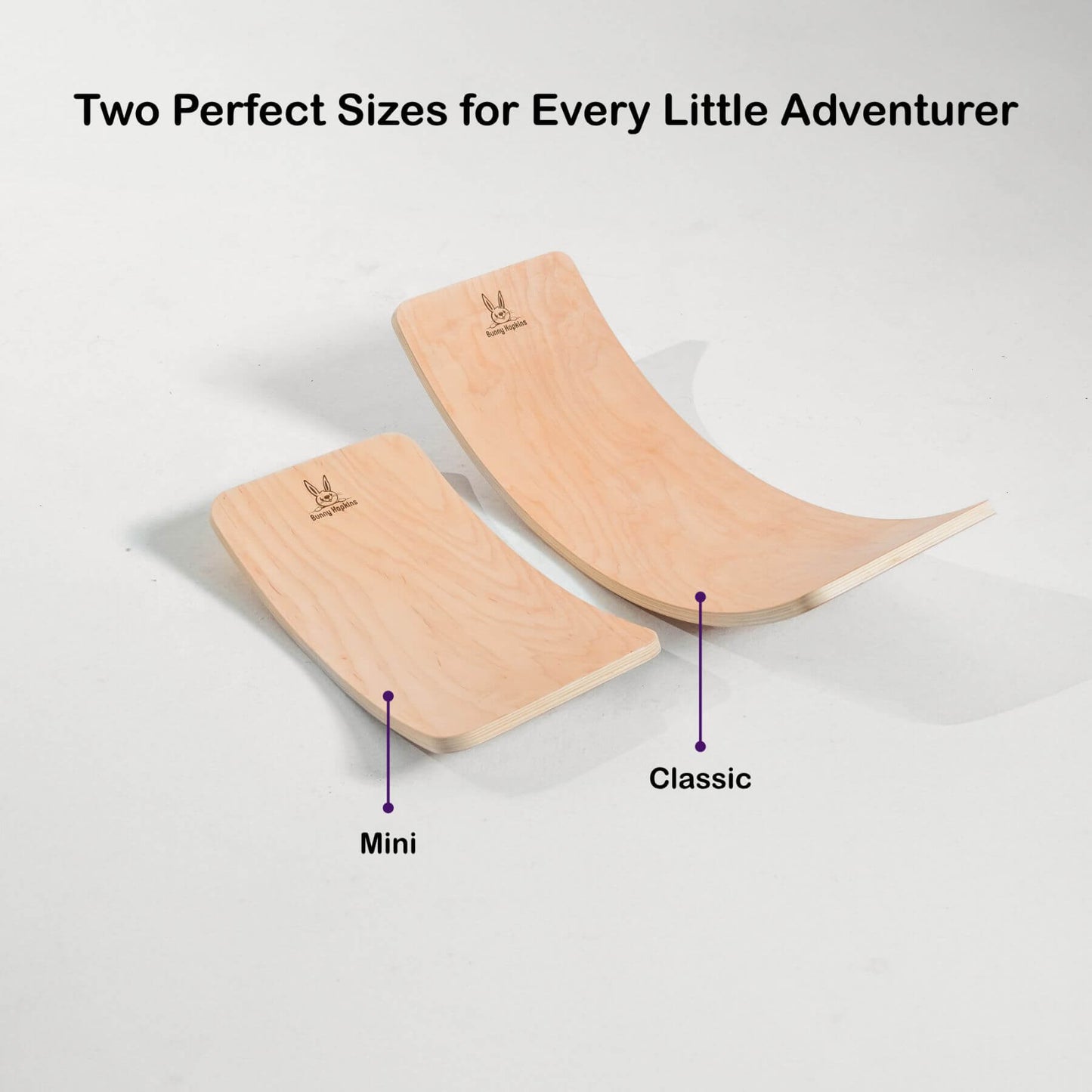 Two wooden balance boards, one labeled 'Mini' and the other 'Classic', on a light gray background.