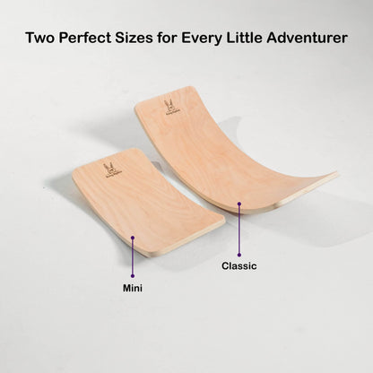 Two wooden balance boards, one labeled 'Mini' and the other 'Classic', on a light gray background.