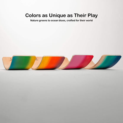 Colorful wooden balance boards on a gray surface with text about unique colors and nature-inspired design.