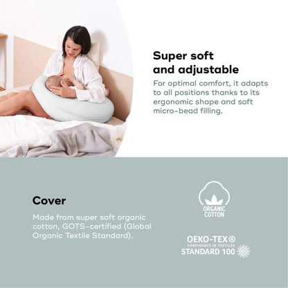 Woman using B.Love U-Shape Pregnancy Pillow - Mineral with text about its softness, adjustability, and organic cotton material.