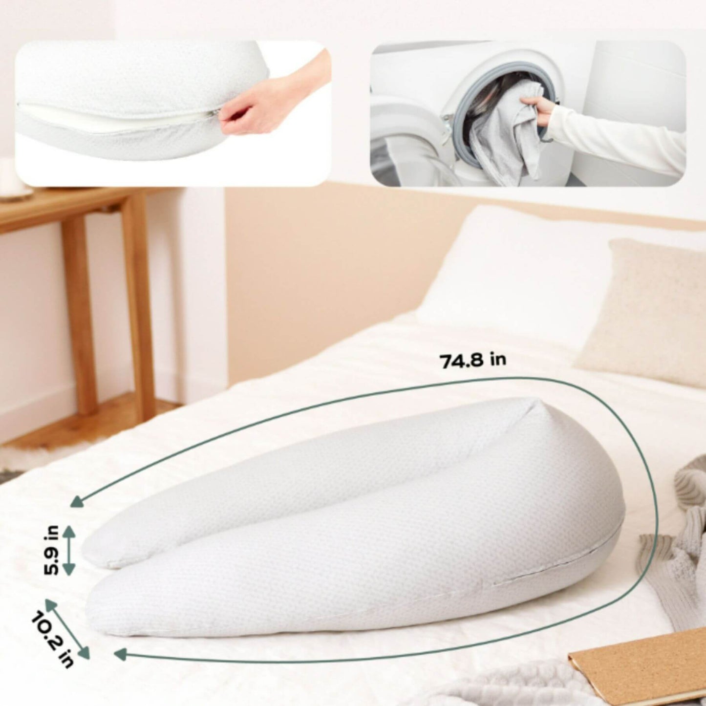 B.Love U-Shape Pregnancy Pillow - Mineral with measurements on a bed, showing how to pack and store it.