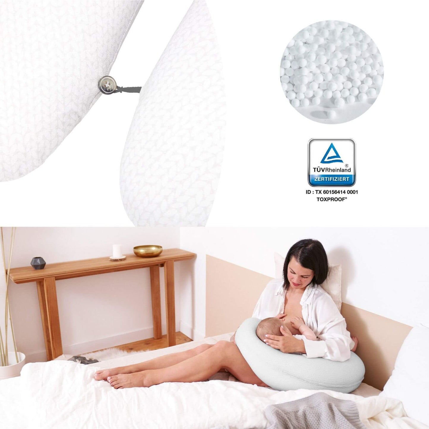 Woman using B.Love U-Shape Pregnancy Pillow - Mineral in a bedroom setting with TUV Rheinland certification logo.