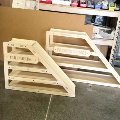 2 CAMDEN- Toy Car Storage + Ramp on a warehouse floor.