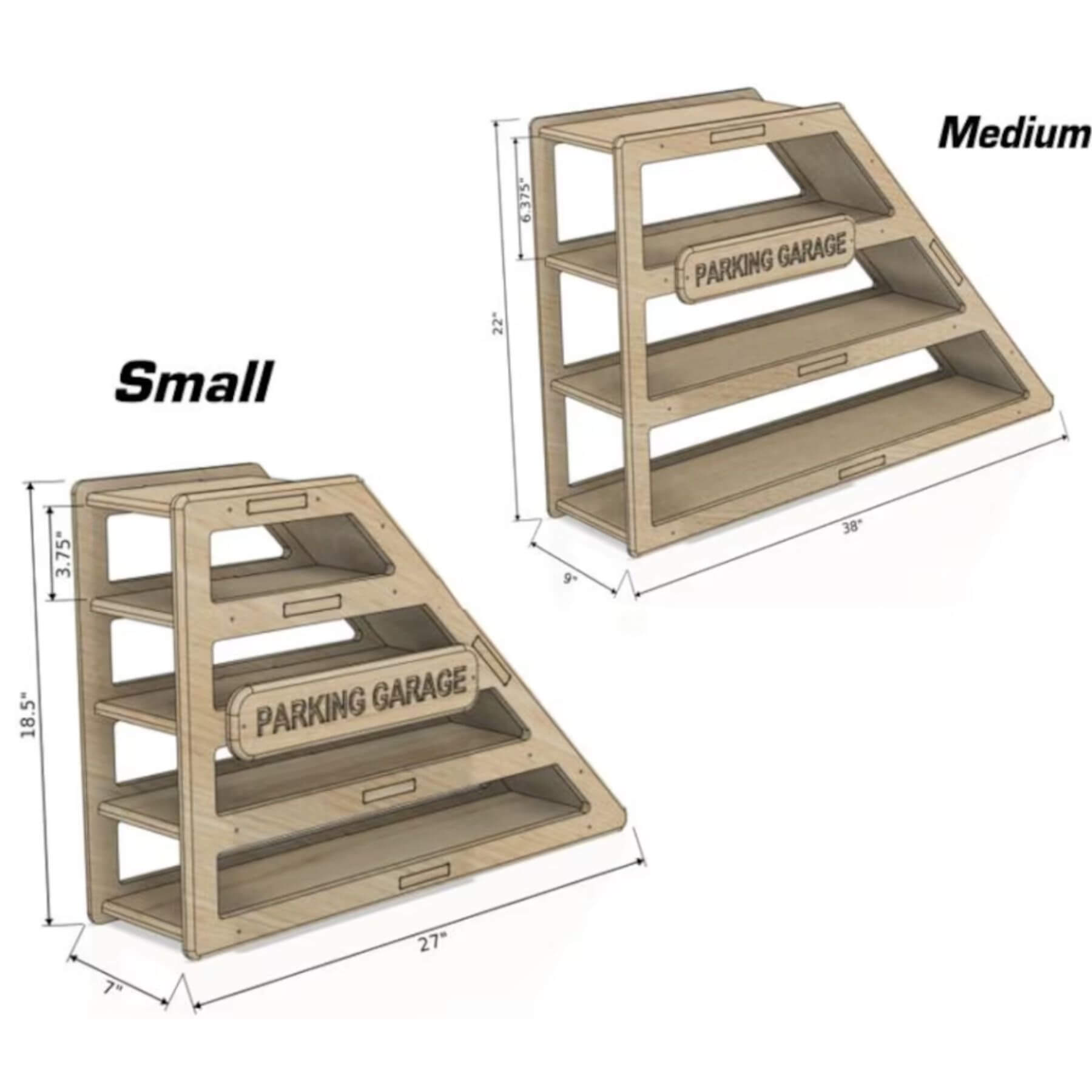 Two CAMDEN- Toy Car Storage + Ramp, one small and one medium, with dimensions labeled.