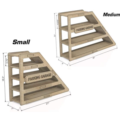 Two CAMDEN- Toy Car Storage + Ramp, one small and one medium, with dimensions labeled.