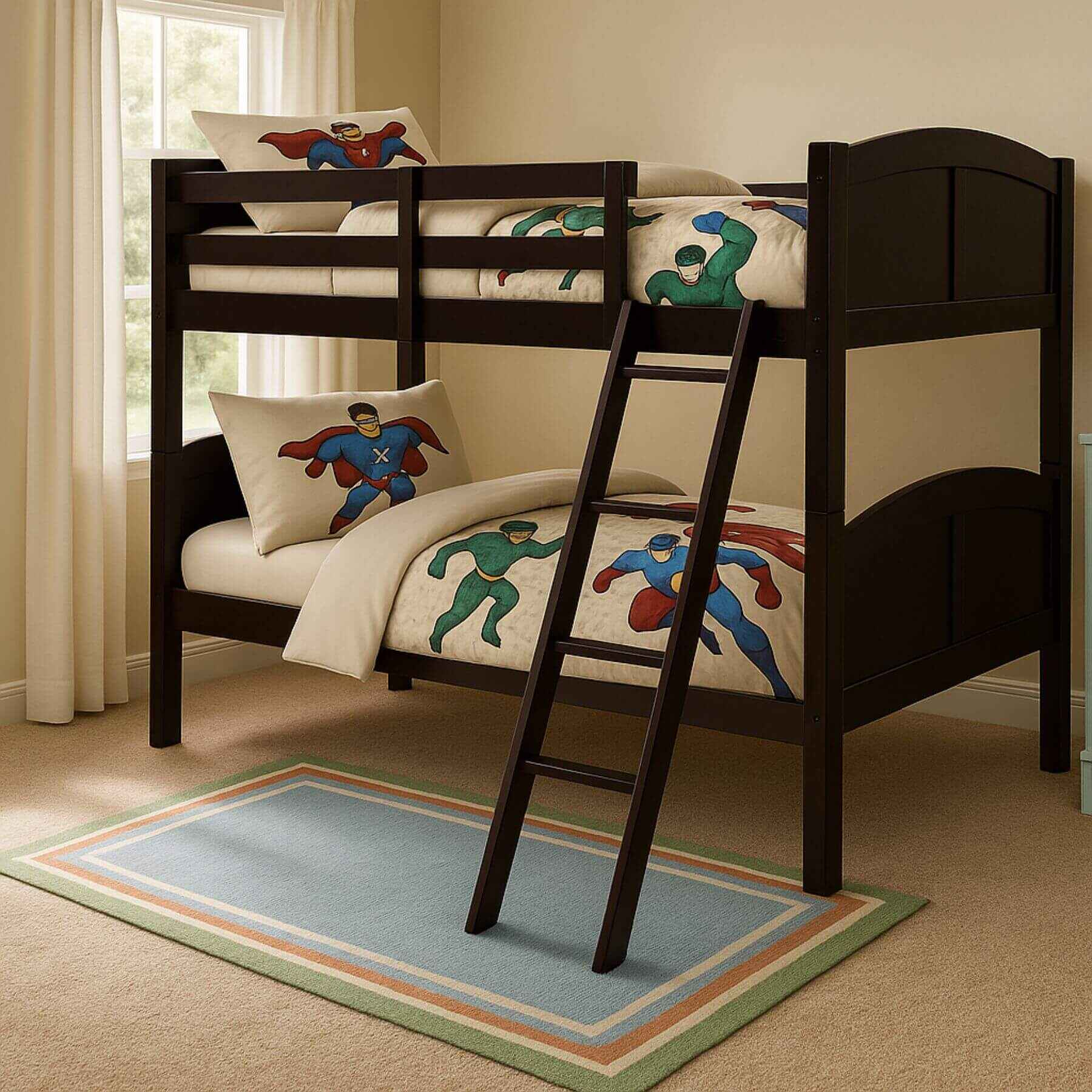 AFG CR Wooden Kids Twin Over Twin Bunk Bed Espresso in a room with a rug and window.