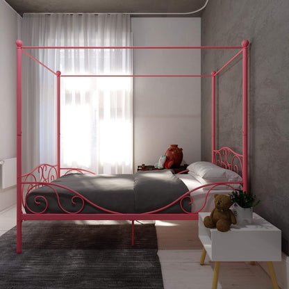 DHP Canopy Metal Bed Twin - Pink in a bedroom with a teddy bear and plant on a nightstand.