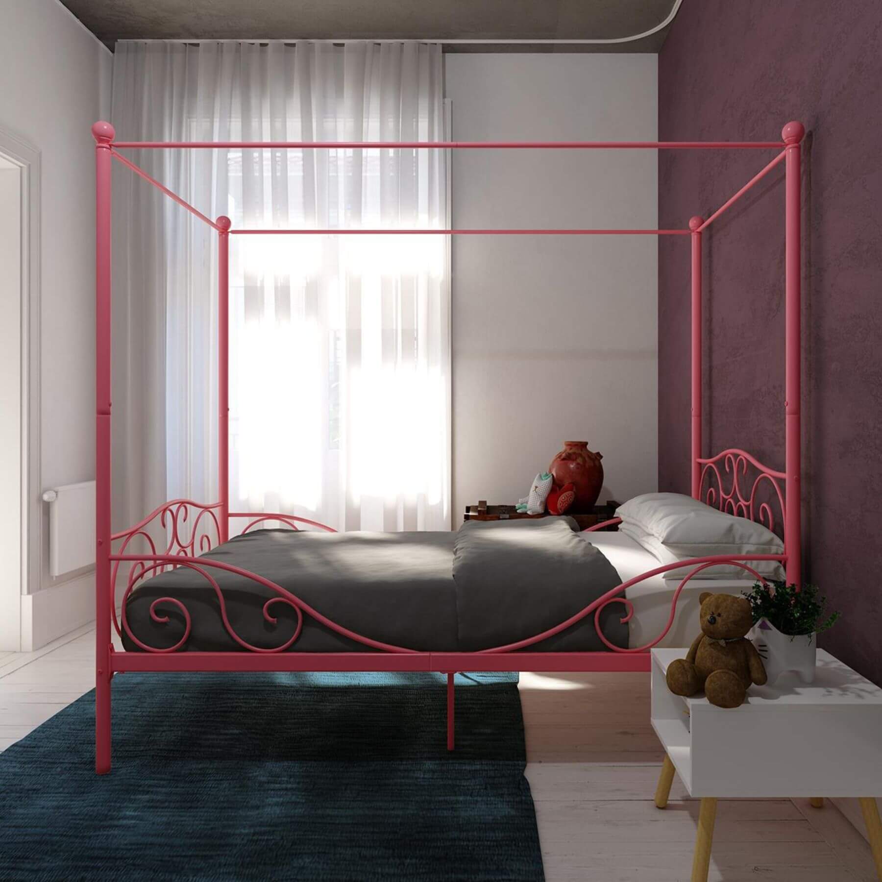 DHP Canopy Metal Bed Twin - Pink in a bedroom with a teddy bear and plant on a nightstand.