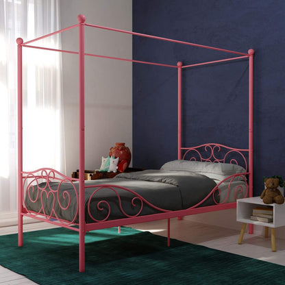 DHP Canopy Metal Bed Twin - Pink in a room with a blue wall and white curtains.