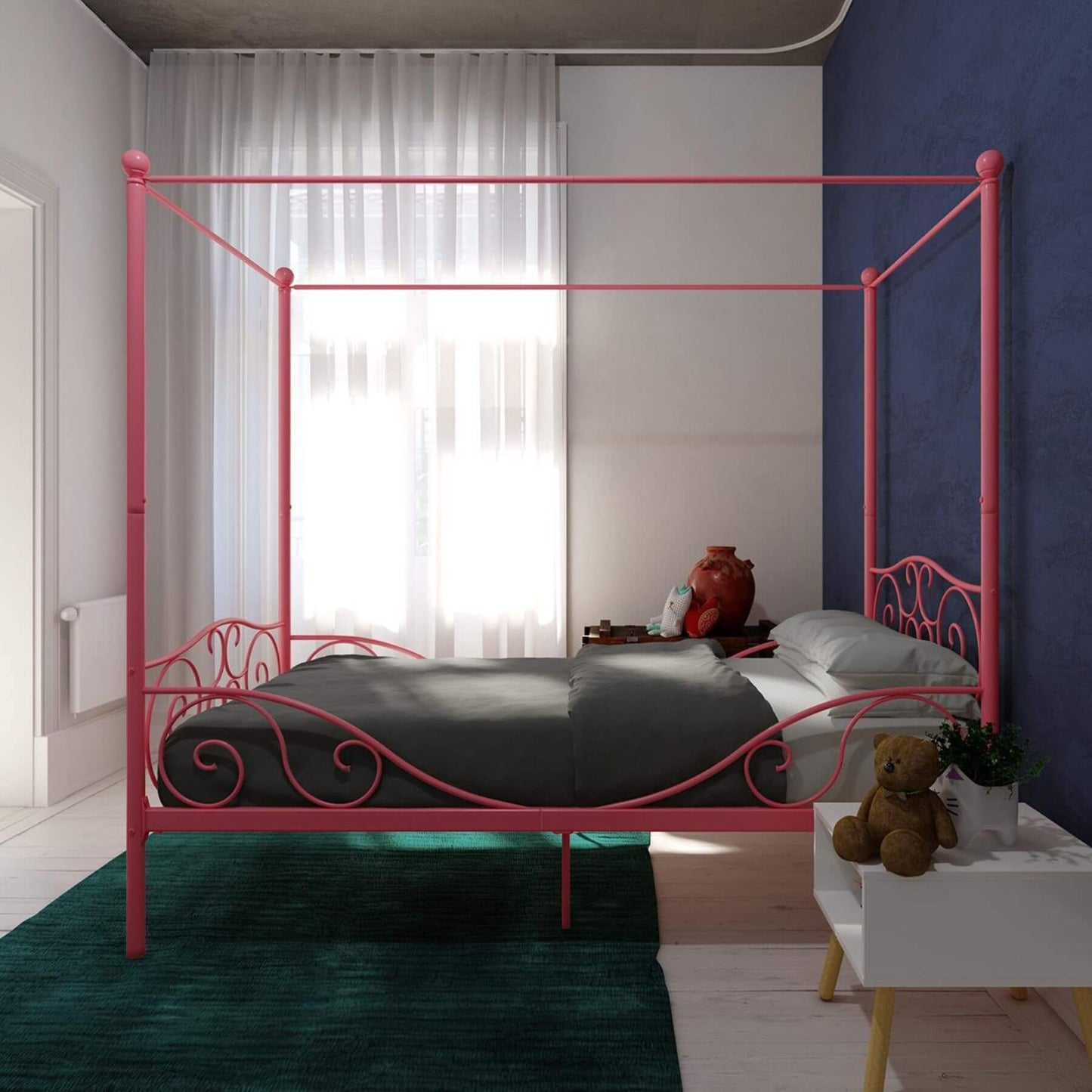 DHP Canopy Metal Bed Twin - Pink in a bedroom with a teddy bear and small table.