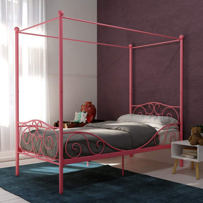 DHP Canopy Metal Bed Twin - Pink in a room with a purple wall and white curtains.