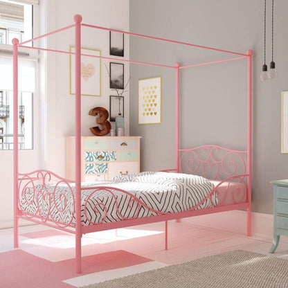 DHP Canopy Metal Bed Twin - Pink in a room with light gray walls and a window.