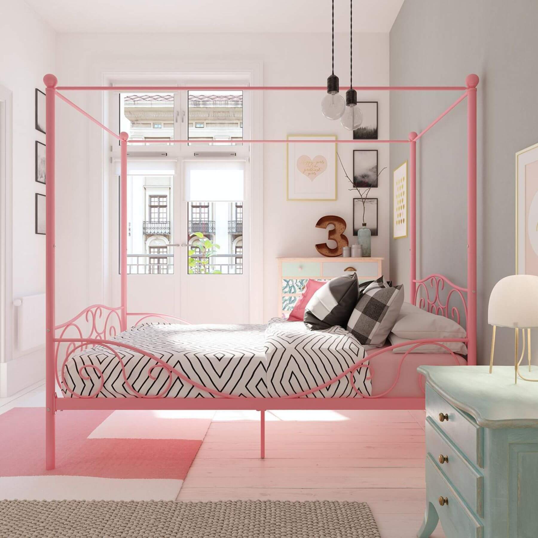 DHP Canopy Metal Bed Twin - Pink in a bedroom with light gray walls and a window.